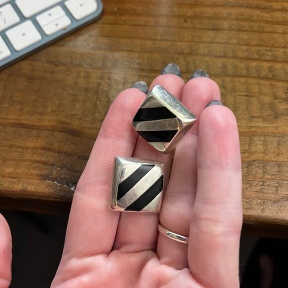 Vintage 80s Onyx and 925 Sterling Silver Chunky Square earrings MEXICO C3 - Picture 2 of 6